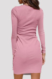 Pink Fashion Casual Solid Bandage Patchwork O Neck Long Sleeve Dresses