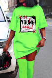 Fluorescent Green Casual Street Print Patchwork O Neck Straight Dresses