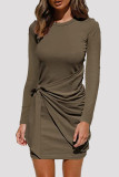 Pink Fashion Casual Solid Bandage Patchwork O Neck Long Sleeve Dresses