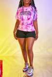 Pink Casual Print Patchwork O Neck Short Sleeve Two Pieces