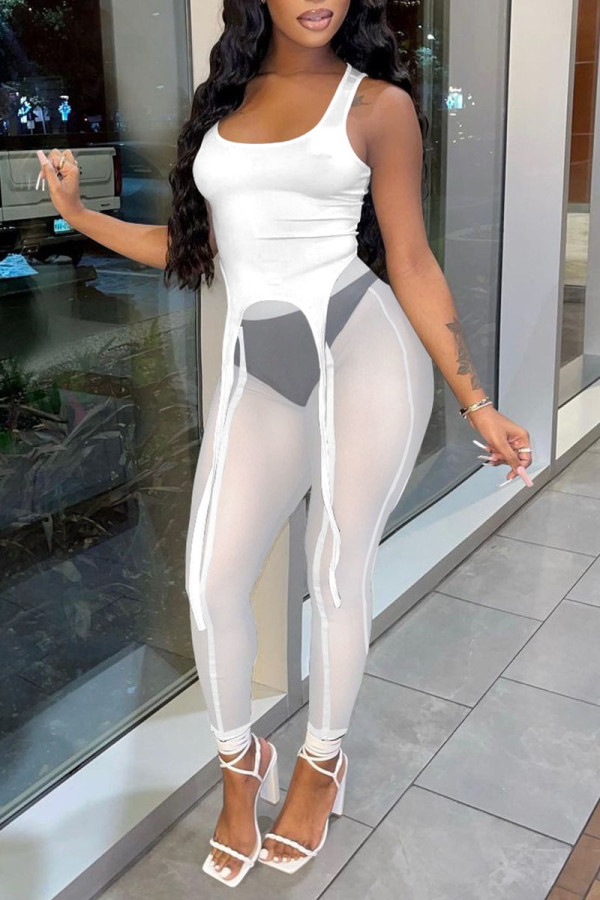 White Sexy Solid Patchwork See-through Asymmetrical U Neck Two Pieces