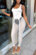 White Sexy Solid Patchwork See-through Asymmetrical U Neck Two Pieces