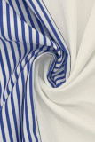 Blue Casual Striped Print Patchwork Buckle Turndown Collar Shirt Dress Dresses