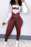 Red Casual Plaid Print Split Joint O Neck Long Sleeve Two Pieces