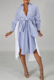 Blue Casual Striped Print Patchwork Buckle Turndown Collar Shirt Dress Dresses