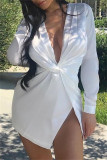 Pink Fashion Sexy Solid Patchwork Asymmetrical V Neck Long Sleeve Dresses