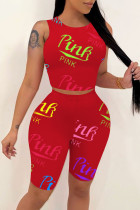 Red Fashion Casual Letter Print Basic O Neck Sleeveless Two Pieces