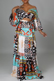 Blue Fashion Sexy Bohemian Vacation Mixed Printing Strap Design Half Sleeve Two Pieces