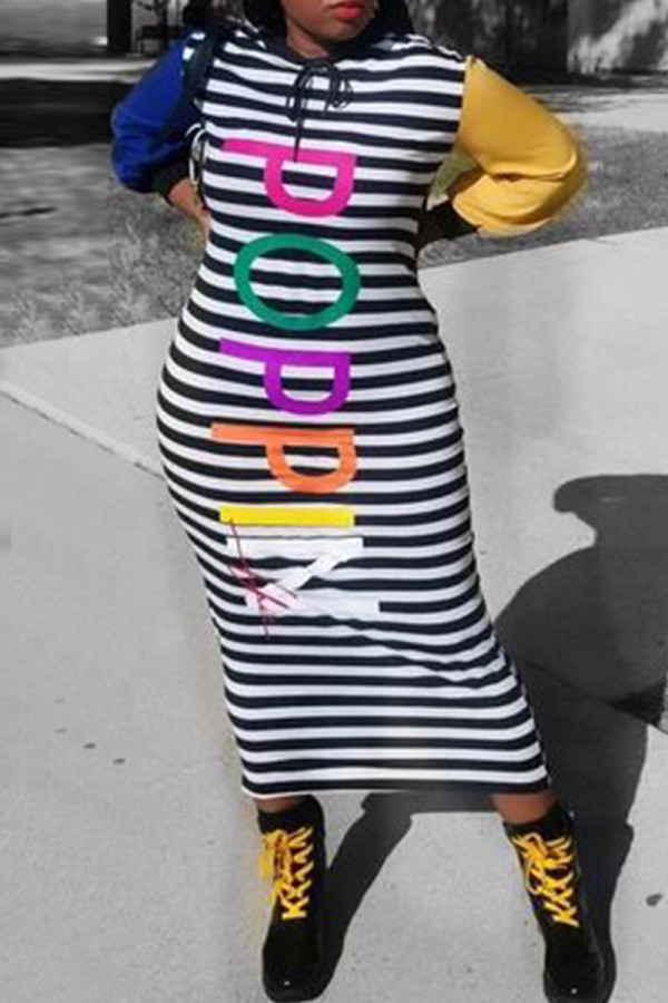 Multicolor Fashion Casual Letter Striped Print Patchwork Hooded Collar Long Sleeve Dresses