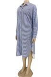 Blue Casual Striped Print Patchwork Buckle Turndown Collar Shirt Dress Dresses