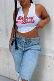 White Sexy Casual Letter Print Basic V Neck Tops