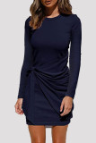 Pink Fashion Casual Solid Bandage Patchwork O Neck Long Sleeve Dresses