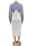 Blue Casual Striped Print Patchwork Buckle Turndown Collar Shirt Dress Dresses