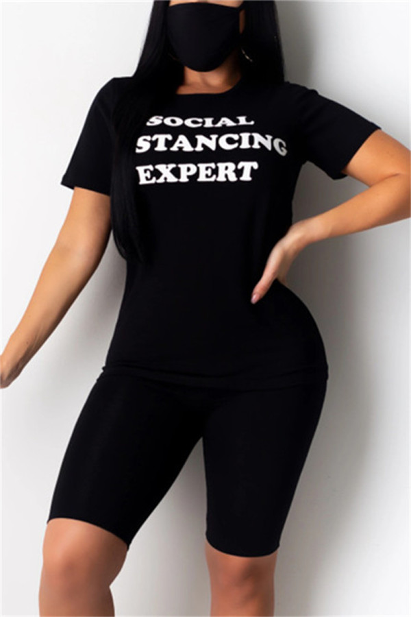 Black Fashion Casual Letter Print Basic O Neck Short Sleeve Two Pieces