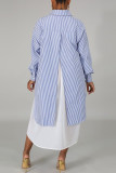 Blue Casual Striped Print Patchwork Buckle Turndown Collar Shirt Dress Dresses