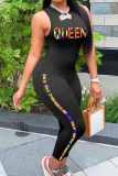 Coffee Fashion Casual Letter Print Basic O Neck Skinny Jumpsuits