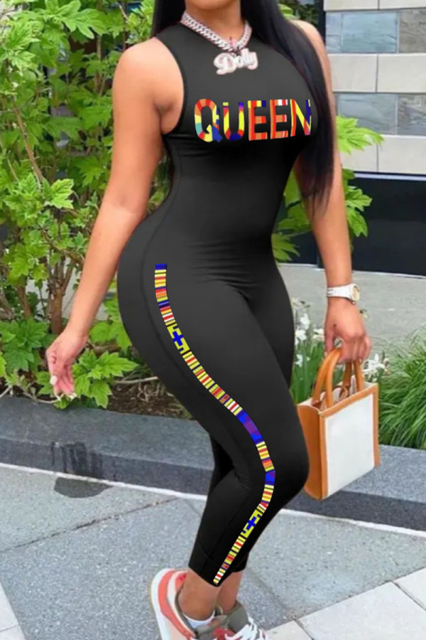 Black Fashion Casual Letter Print Basic O Neck Skinny Jumpsuits