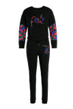 Black Fashion Casual Letter Print Patchwork O Neck Long Sleeve Two Pieces