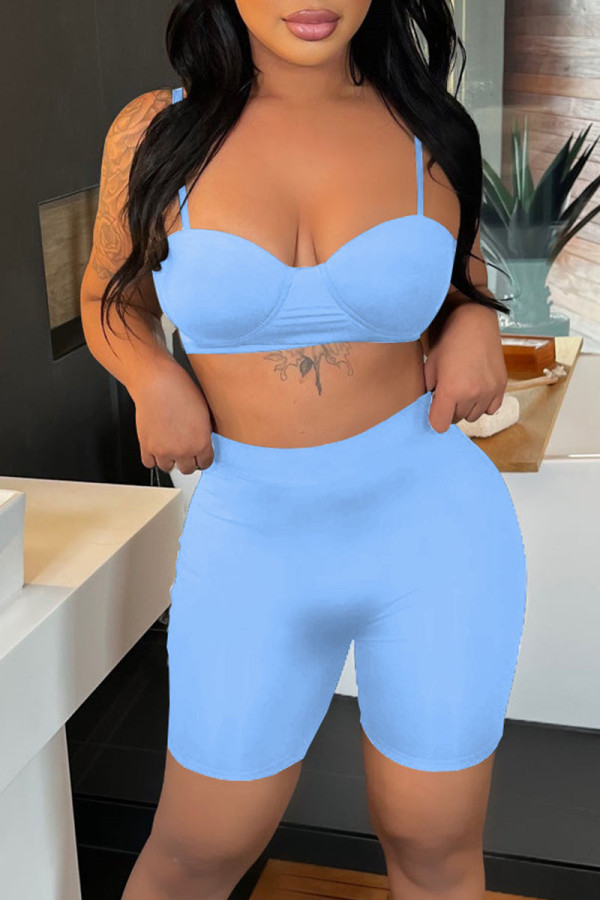 Blue Sexy Solid Patchwork Spaghetti Strap Sleeveless Two Pieces