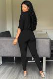 Black Fashion Solid Half Sleeve V Neck Jumpsuits