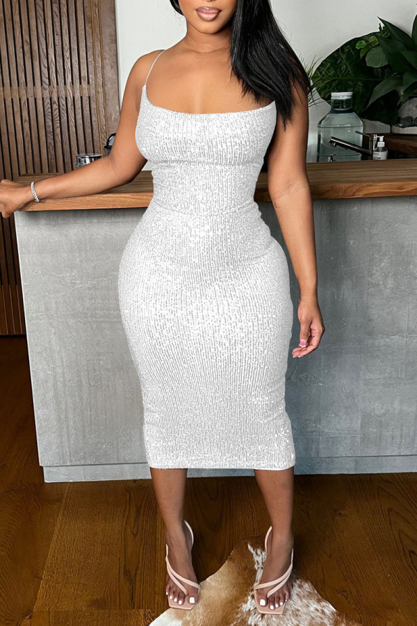 White Sexy Solid Sequins Patchwork Backless Spaghetti Strap One Step Skirt Dresses
