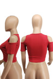 Rose Red Casual Simplicity Solid Split Joint O Neck T-Shirts