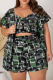 Green Fashion Print Patchwork Square Collar Plus Size Three Pieces