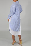 Blue Casual Striped Print Patchwork Buckle Turndown Collar Shirt Dress Dresses