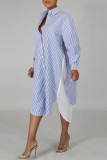 Blue Casual Striped Print Patchwork Buckle Turndown Collar Shirt Dress Dresses