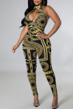 Black Fashion Sexy Not Positioning Printed Strap Design Halter Skinny Jumpsuits