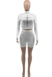 White Casual Print Patchwork Turtleneck Long Sleeve Two Pieces