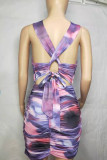 Purple Sexy Print Patchwork Draw String Fold Dresses