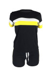 Black Fashion Casual Patchwork Basic O Neck Short Sleeve Two Pieces
