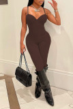 Brown Sexy Solid Patchwork Spaghetti Strap Regular Jumpsuits