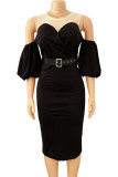 Black Fashion Sexy Solid Hollowed Out Split Joint With Belt O Neck Dresses