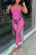 Rose Red Sexy Solid Patchwork See-through Asymmetrical U Neck Two Pieces