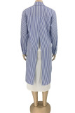 Blue Casual Striped Print Patchwork Buckle Turndown Collar Shirt Dress Dresses