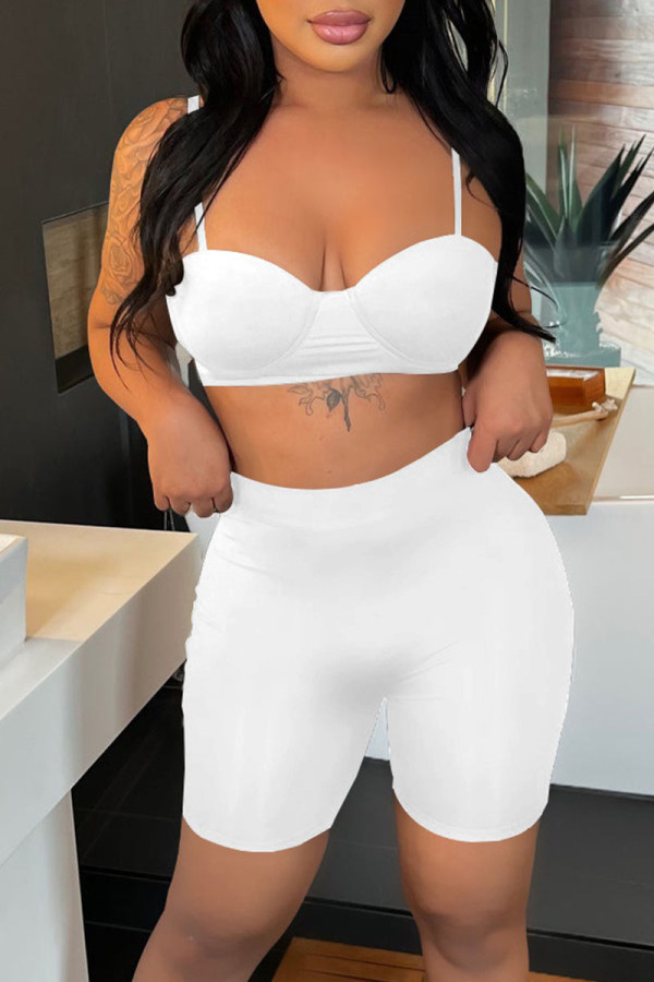 White Sexy Solid Patchwork Spaghetti Strap Sleeveless Two Pieces