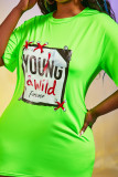 Fluorescent Green Casual Street Print Patchwork O Neck Straight Dresses