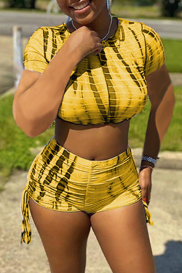 Yellow Fashion Casual Print Basic O Neck Short Sleeve Two Pieces