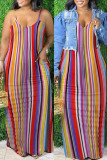 Rainbow Color Sexy Casual Striped Print Backless Spaghetti Strap Long Dress Dresses