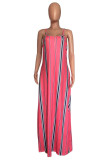 Rainbow Color Sexy Casual Striped Print Backless Spaghetti Strap Long Dress Dresses