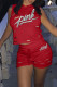 Red Fashion Casual Letter Print Ripped Hooded Collar Sleeveless Two Pieces