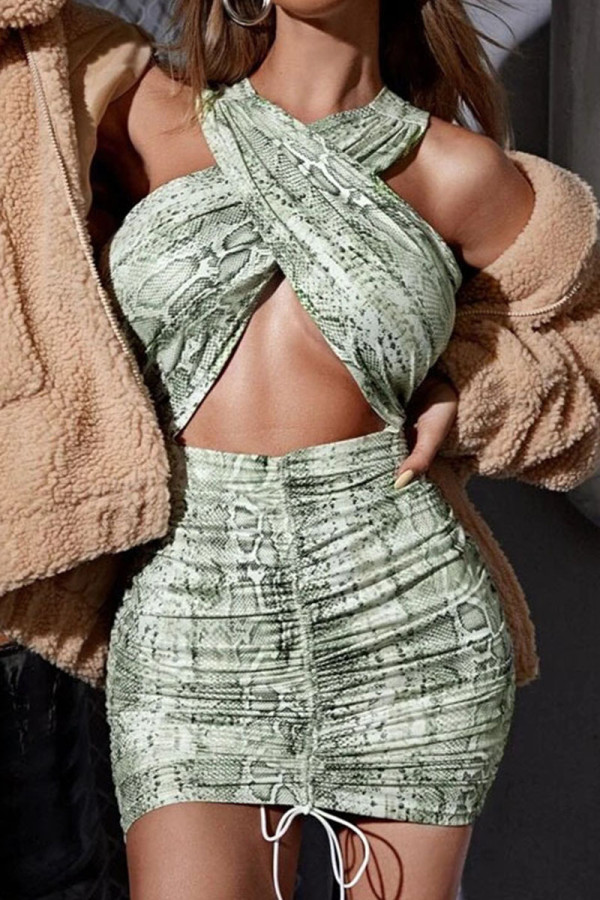 Gray Green Sexy Print Patchwork Draw String Fold Dresses