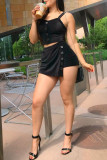 Black Sexy Casual Solid Patchwork Asymmetrical Spaghetti Strap Sleeveless Two Pieces