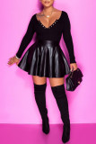 Black Fashion Casual Solid Basic V Neck Long Sleeve Two Pieces
