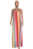 Rainbow Color Sexy Casual Striped Print Backless Spaghetti Strap Long Dress Dresses