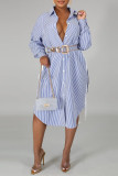 Blue Casual Striped Print Patchwork Buckle Turndown Collar Shirt Dress Dresses