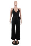 Black Sexy Casual Solid Backless V Neck Regular Jumpsuits