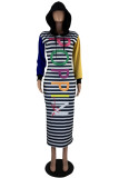 Multicolor Fashion Casual Letter Striped Print Patchwork Hooded Collar Long Sleeve Dresses